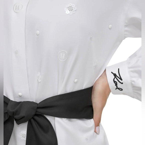Karl Lagerfeld Paris | Women's Embellished White Shirt Dress - Picture 5 of 16